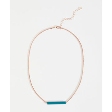 A chain necklace with a long round teal bead in the centre.