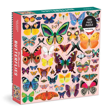 A completed puzzle of lots of different butterflies on a light pink background.