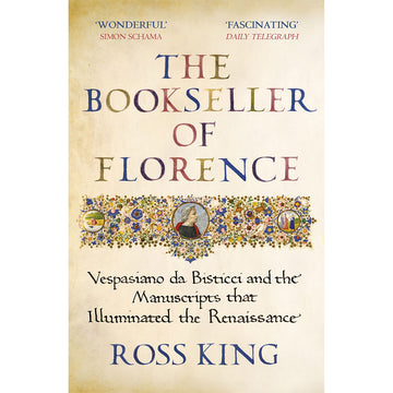 'The Bookseller of Florence' book cover featuring an illustrated small portrait of a woman over a floral illustrated row.