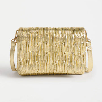 Gold textured clutch bag on a light gray background.
