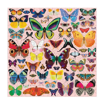 A completed puzzle of lots of different butterflies on a light pink background.