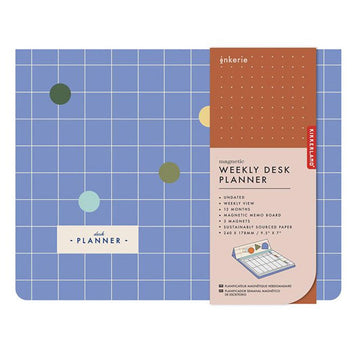 Weekly desk planner with blue grid design and brown sleeve on a white background