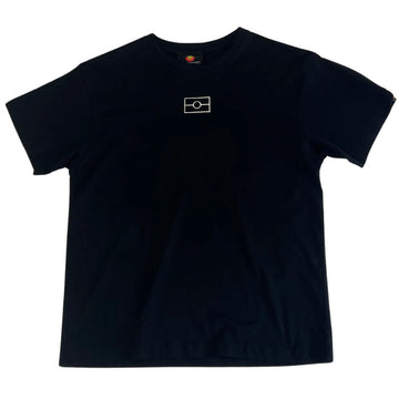 Front view of a black tshirt with a white outline of the Aboriginal flag.