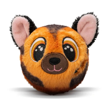 Plush toy shaped like a round dog with orange and brown fur on a white background.