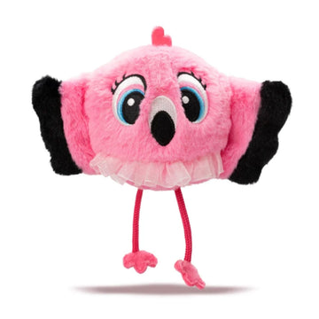 Pink plush toy with flamingo accents on a white background.
