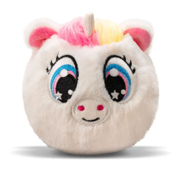 Plush toy with unicorn design on a white background.