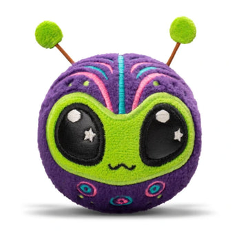 Purple and green alien plush toy with antenna on a white background.