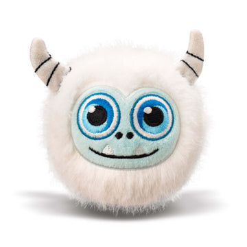 White plush toy with blue eyes and black accents on a white background.
