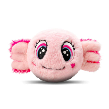 Pink axolotl plush toy with big eyes and a smile on a white background.