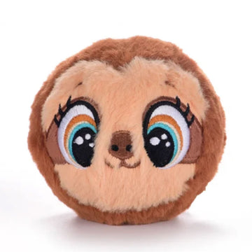 Plush toy shaped like a sloth with cartoonish eyes on a white background.