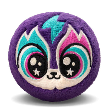 Colorful plush ball with an embroidered face design on a white background