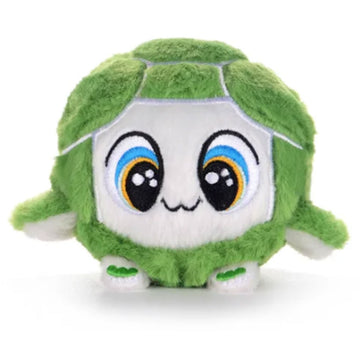 Plush toy resembling a green turtle with a white shell on a white background.