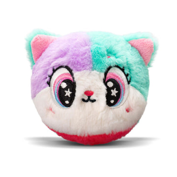 Colorful plush toy with cat-like face on a white background.