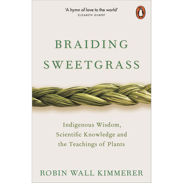 'Braiding Sweetgrass' book cover featuring a close up illustration of braided grass.