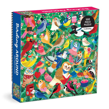 A puzzle box with illustrations of different birds dressed up against a leaf background.