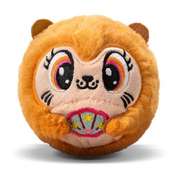 Round plush toy with a cute face design on a white background.
