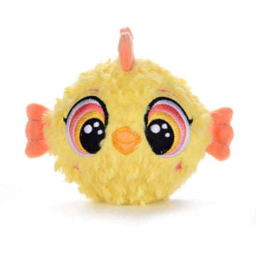 Yellow plush toy with black eyes and orange accents on a white background.