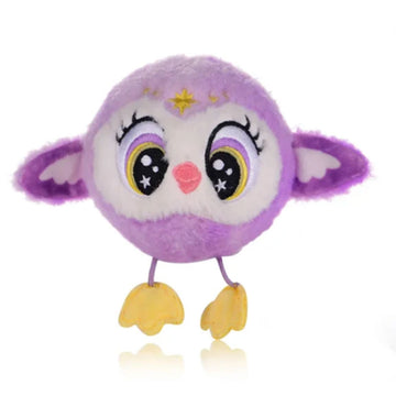 Purple owl plush toy with large eyes on a white background.