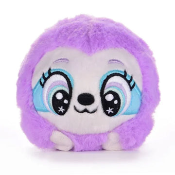 Plush toy with purple fur and cartoonish face on a white background.