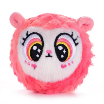 Pink plush toy with cartoon face on a white background.