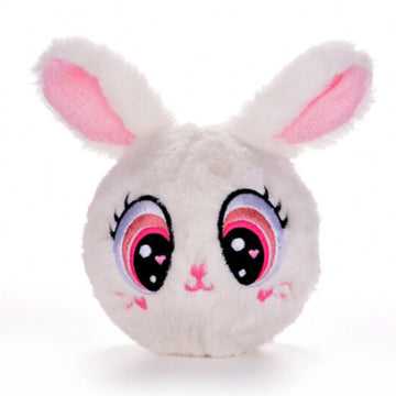 Plush toy with bunny face on a white background.