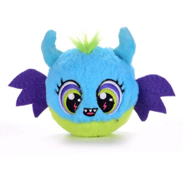 Toy with blue face, green body, and purple wings on a white background.