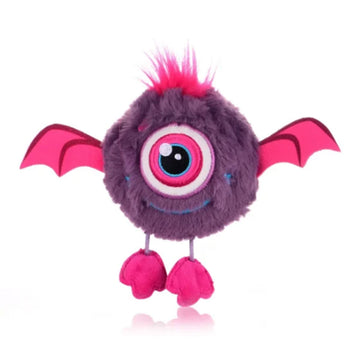 A round plush toy with one eye and wings and feet.
