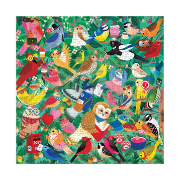A puzzle box with illustrations of different birds dressed up against a leaf background.