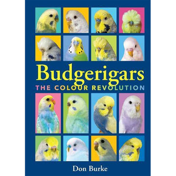 'Budgerigars The Colour Revolution' book cover featuring a grid display of sixteen different budgerigars. 