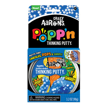 An open card packet titled 'Crazy Aarons Popp'n Thinking Putty' with a round container inside the box filled with putty.