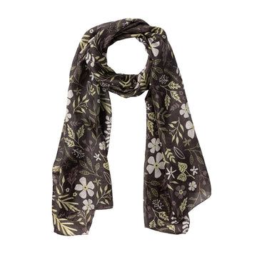 A silk scarf printed with flowers and leaves on a chocolate brown background.