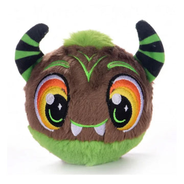 Plush toy with green and brown colors on a white background.