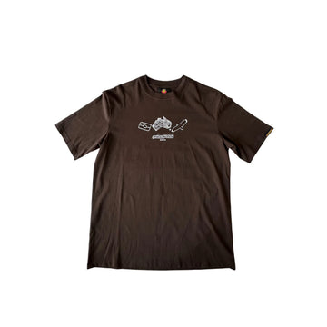 A kids tshirt in brown with a white symbol of the Indigenous flag, Australia and an eagle.