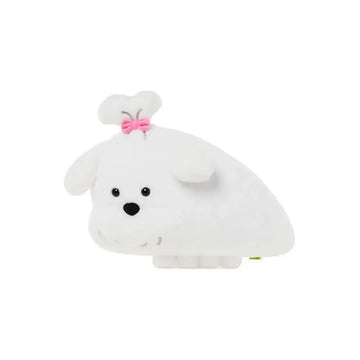 White plush toy with a pink bow on a white background.