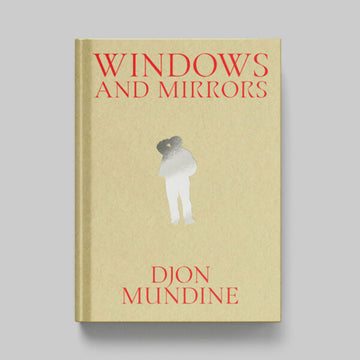 Book cover of 'Windows and Mirrors' by Djon Mundine with a silver silhouette of a person on a gold background.