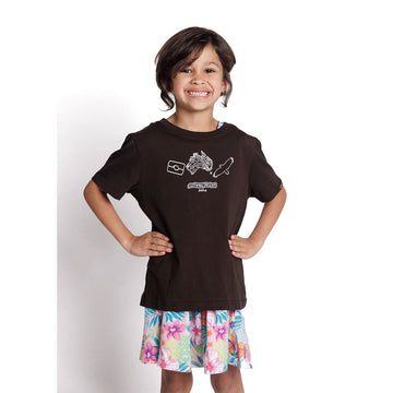 A kids tshirt in brown with a white symbol of the Indigenous flag, Australia and an eagle.