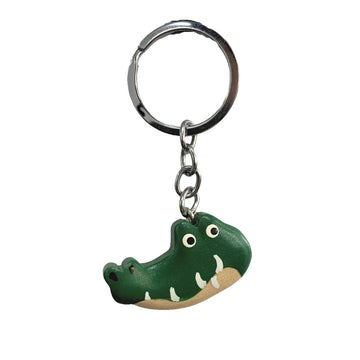 A timber keyring in the shape of a crocodile's head and painted green.