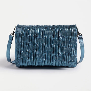 Blue textured handbag on a light gray background.
