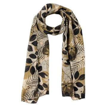 A silk scarf printed with flowers and leaves in a brown colour scheme.