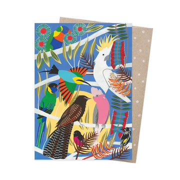 A greeting card illustrated with different birds and flowers on a blue background.