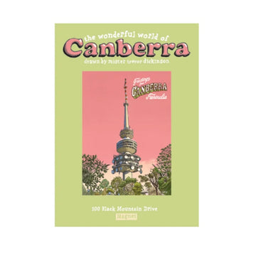 A rectangle magnet illustrated with an image of Black Mountain tower by Trevor Dickinson attached to a green card with product information.