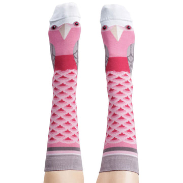 Pair of long pink galah socks being worn against a white background.