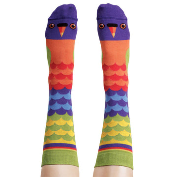 Colorful socks with a bird design being worn against a white background.