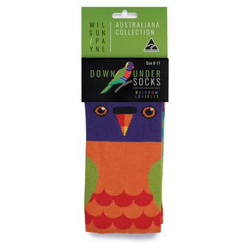 Colorful socks with a bird design being worn against a white background.