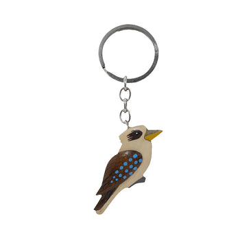 A wooden keyring in the shape of a kookaburra and painted in kookaburra colours.