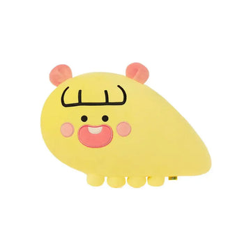 Yellow cartoon character plushie with pink accents on a white background.