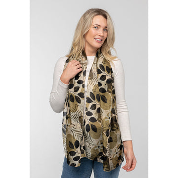 A silk scarf printed with flowers and leaves in a brown colour scheme.