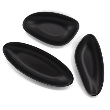 Top down view of three differently shaped round bowls in black.