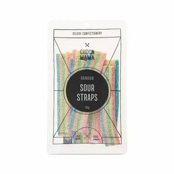 Pack of rainbow sour straps candy with 'Choco Mama' branding on a white background.