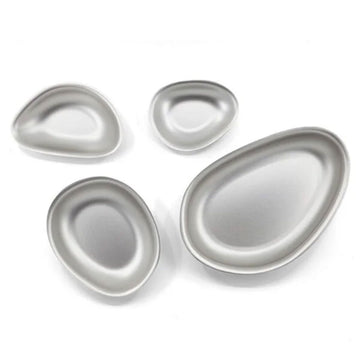Set of four silver different-shaped trays on a white background.
